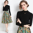 Chic & Elegant Fall 2-Pc Mock Neck Knitted Top + Floral Skirt, Office, Evening Dress